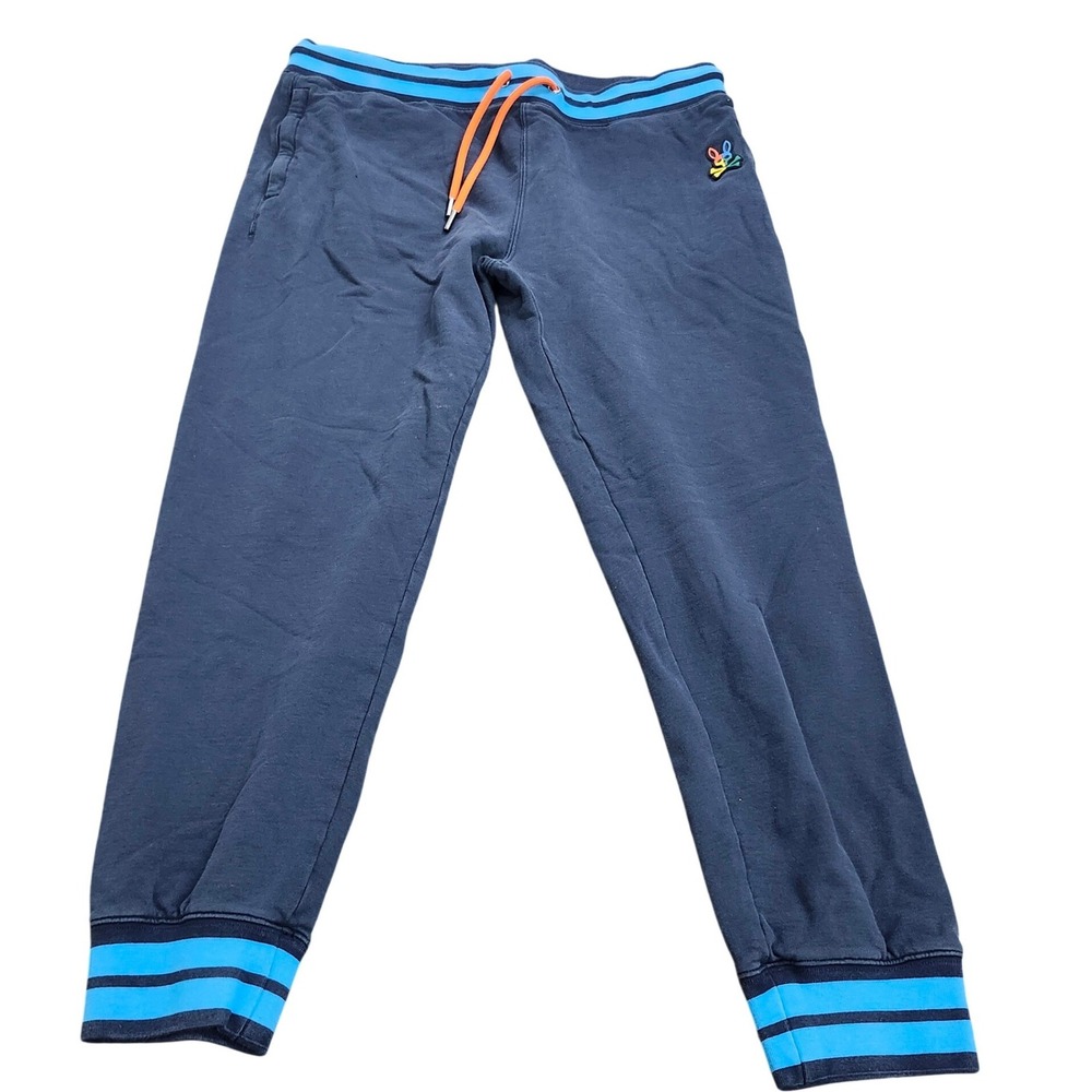 Psycho Bunny Mens XL Navy Blue Striped Cuff Jogger Sweatpants Orange Drawstring